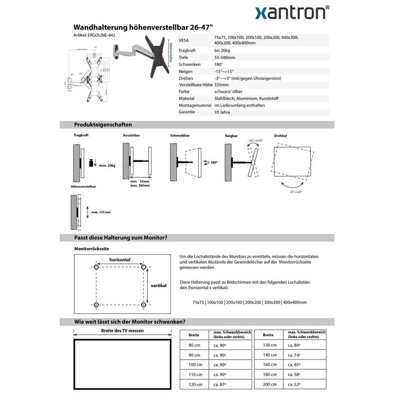 Xantron® ERGOLINE-440B Support TV pivotant et inclinable 23-55 ou VESA  75x75-400x400mm / Support Mural réglable en Hauteur/Bras de Fixation TV à